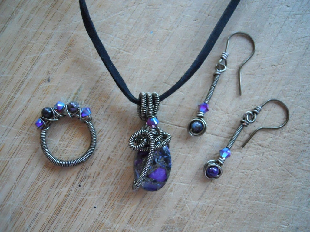 Pendant Earrings Ring Pyrite Purple Magnesite Swarovski Xilion beads Wire Wrapped in Gunmetal Parawire