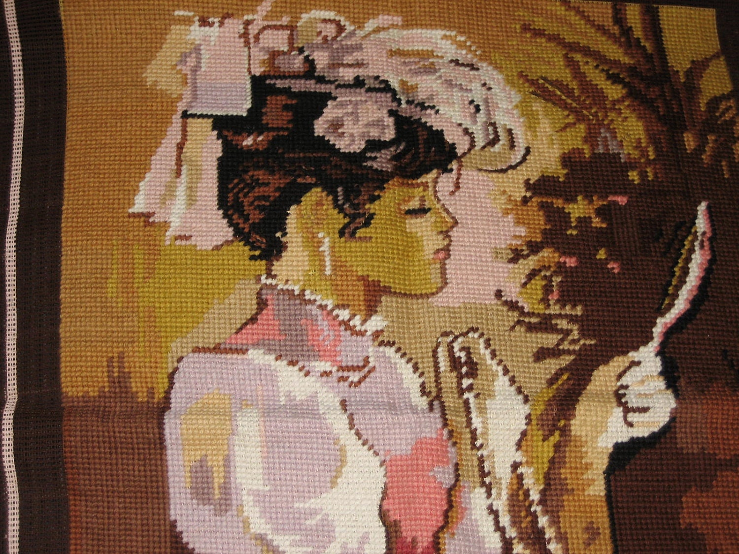 Le Miroir de'apres Peltriaux - Lady with Mirror - Margot Stamped Needlepoint - Vintage Needlepoint - Completed