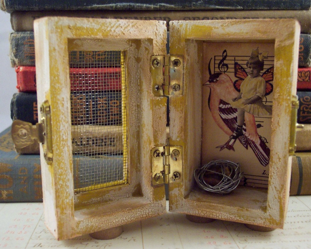Collage 3D Assemblage Fairy with Bird and Nest Mixed Media Shrine Box
