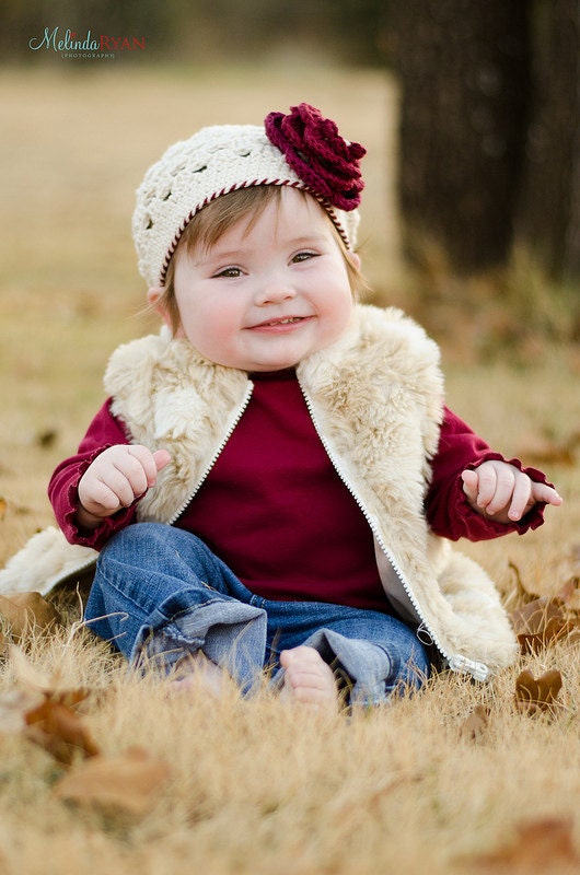 Beanie Hat Crocheted  "The Macy Jean " Baby Ivory, Burgundy, Modern Trendy Flowers Choose your size