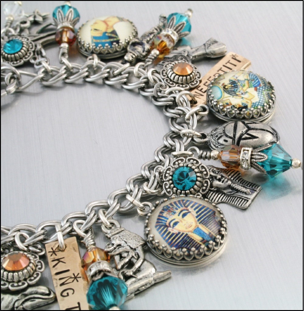 Cleopatra Charm Bracelet, King Tut Silver Charm Bracelet,  Egyptian Jewelry, Queen of the Nile