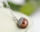 Acorn Necklace - Antique Silver and Rich Bronze Pearls - For the Nature Lover, Memorial Day Sale