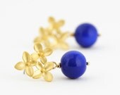 Earrings, Monaco Blue, Gold Hydrangea Flower Post Earrings, Bridal Jewelry, Wedding Earrings, Floral Accessories