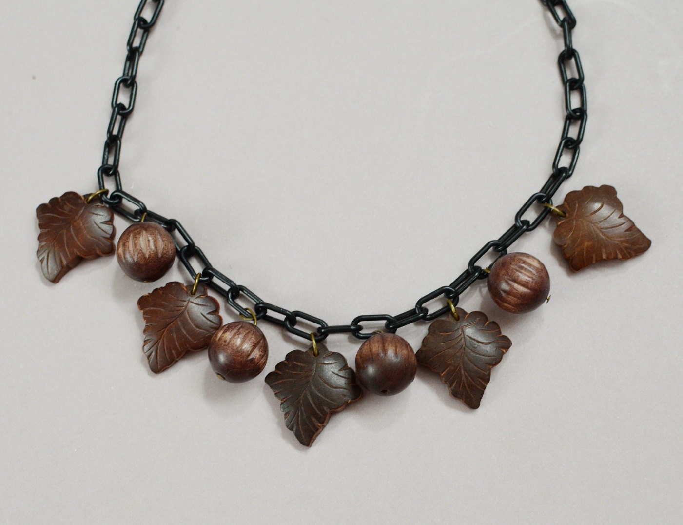 1930s Celluloid Necklace Carved Wood Leaf  Brown