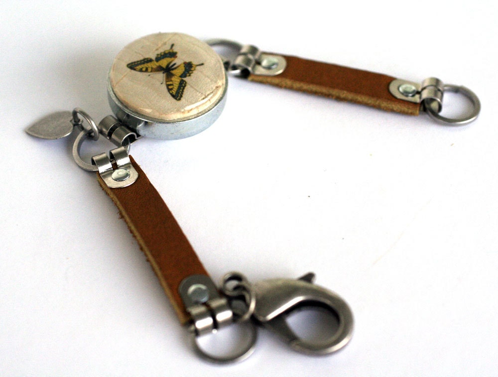 Butterfly Bracelet - Winecork Jewelry - Recycled Bracelet - Black, Brown or Tan Leather - Custom ALL Sizes by Uncorked