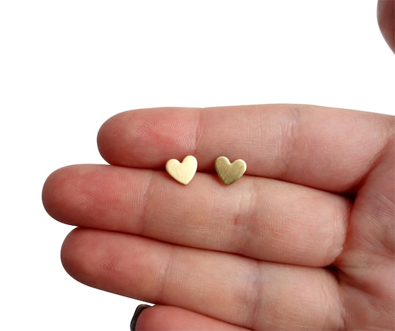 Tiny Brass Heart Studs with Sterling Silver Posts- Ready to ship