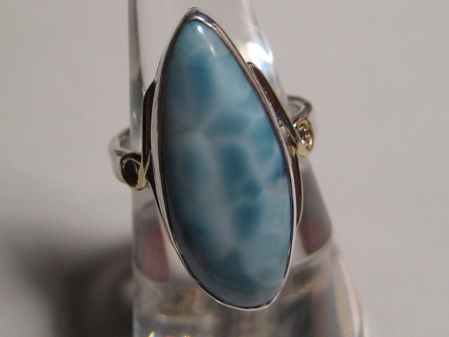 Larimar Ring ... Sterling Silver and 14 kt Gold ... size 7 to size 8 ........... e350