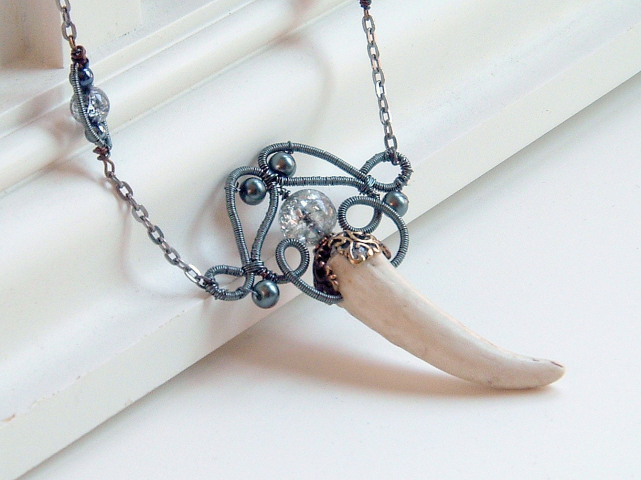 Antler Necklace Pendant Naturally Shed Wire Wrapped Beaded