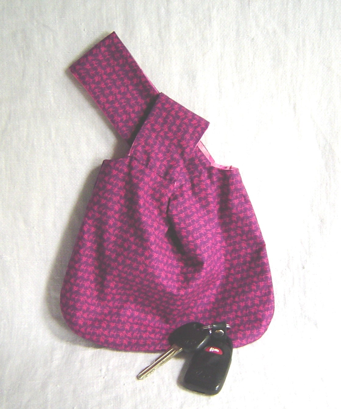 Mini Japanese knot bag handmade wristlet purple and pink reversible handbag