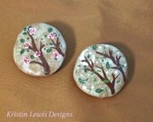 Set of 2- Spring & Fall Brooch Pins. Hand-painted Polymer Clay. Seasonal, Autumn. Women's, Gift. Cherry Blossom, Flower Petals, Moon, Tree.