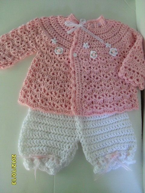 Crocheted set for baby girls 12- 18 months Baby pink cardigan and white bloomers SO CUTE
