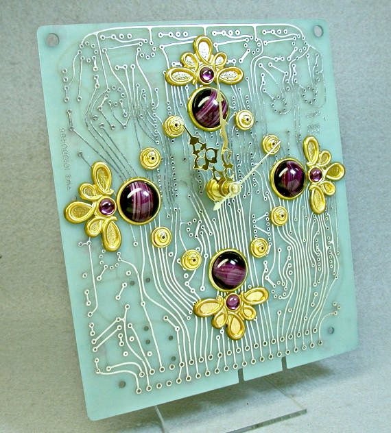 RECYCLED Aqua Blue CIRCUIT BOARD Clock Geek Techie Purple Glass Stones