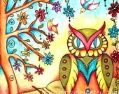 Owl Art Print, Storybook Art Tree, Birds, Folk Art, Whimsical Watercolor Illustration, 5 x 6.5, Watercolor Mixed Media, Original, Red Blue