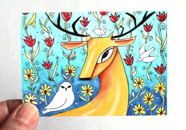 ACEO ATC Deer Artist Trading Card, Animal Art, Whimsical Storybook Woodland Art Print, Watercolor Print, Turquoise Blue