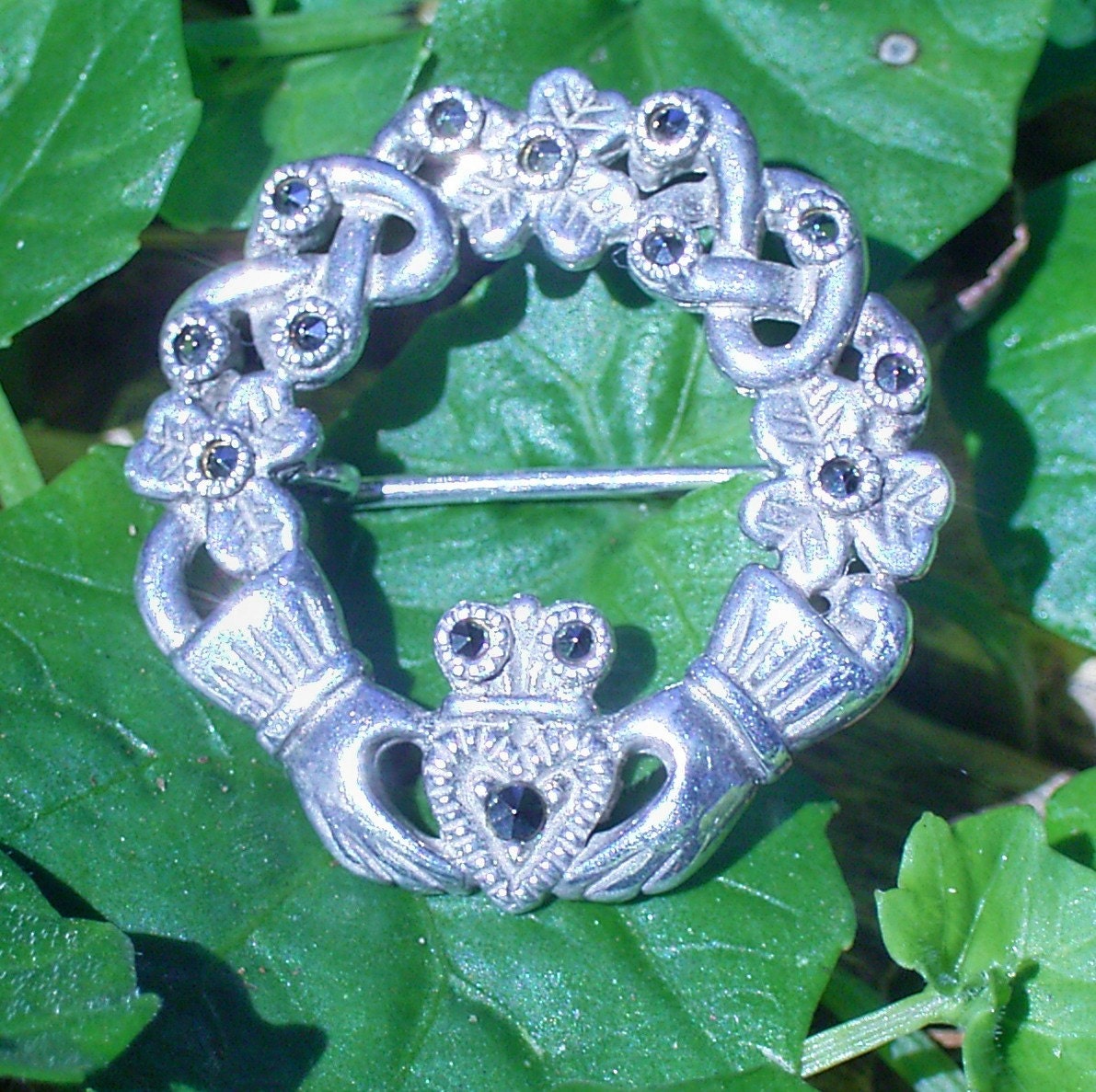 Vintage marcasite Celtic Claddagh sterling silver brooch