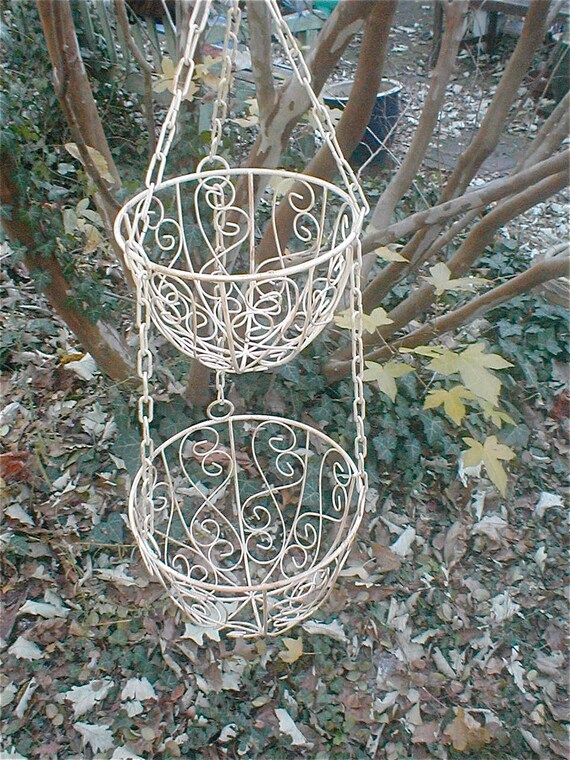 Vintage 70s Wire Hanging Baskets Double Tiered by studiostebbylee