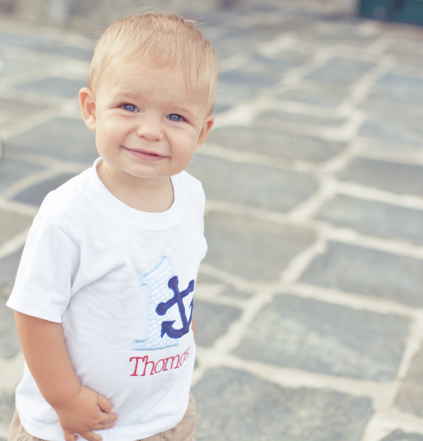 First Birthday Party Shirt - Dapper nautical blue and white seersucker stripes with navy and red accents - Free personalization