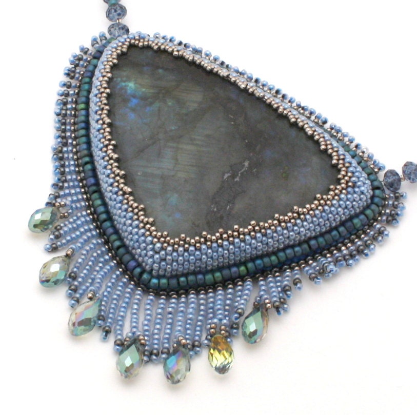 MERMAID'S HEART bead embroidered statement necklace with labradorite