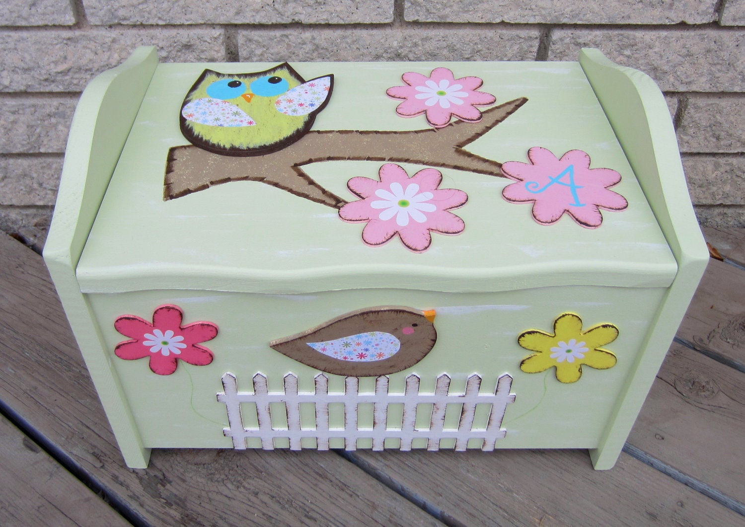 Woodland Owl Toy Box - Natural Solid Wood - Hand-Painted Aloe Vera Green - Two Sizes Available