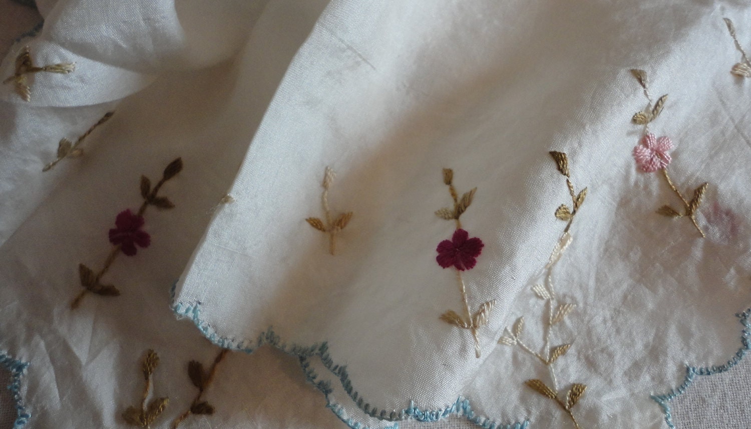 Vintage Silk on Silk Embroidered Floral Bridal bride Hanky Handkerchief hankies handmade blanket stitch edging winter white