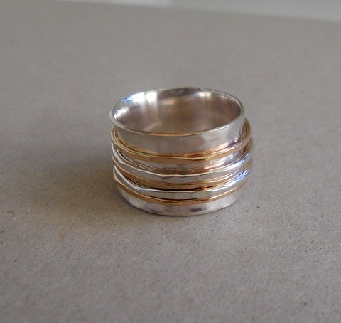 Sterling and Gold Spinner Ring- Fiddle Ring Silver and Gold