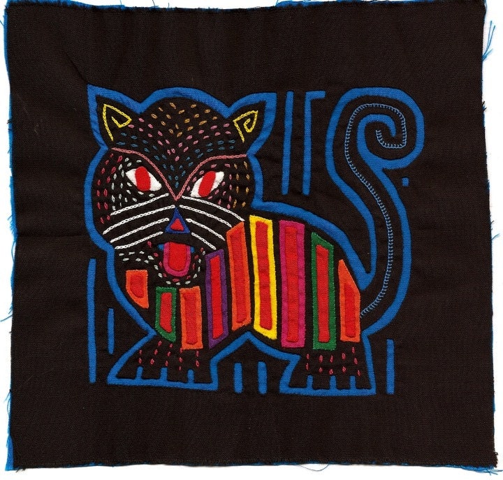 Museum Quality Mola 'Night Cat' - Kuna Indian Reverse Applique