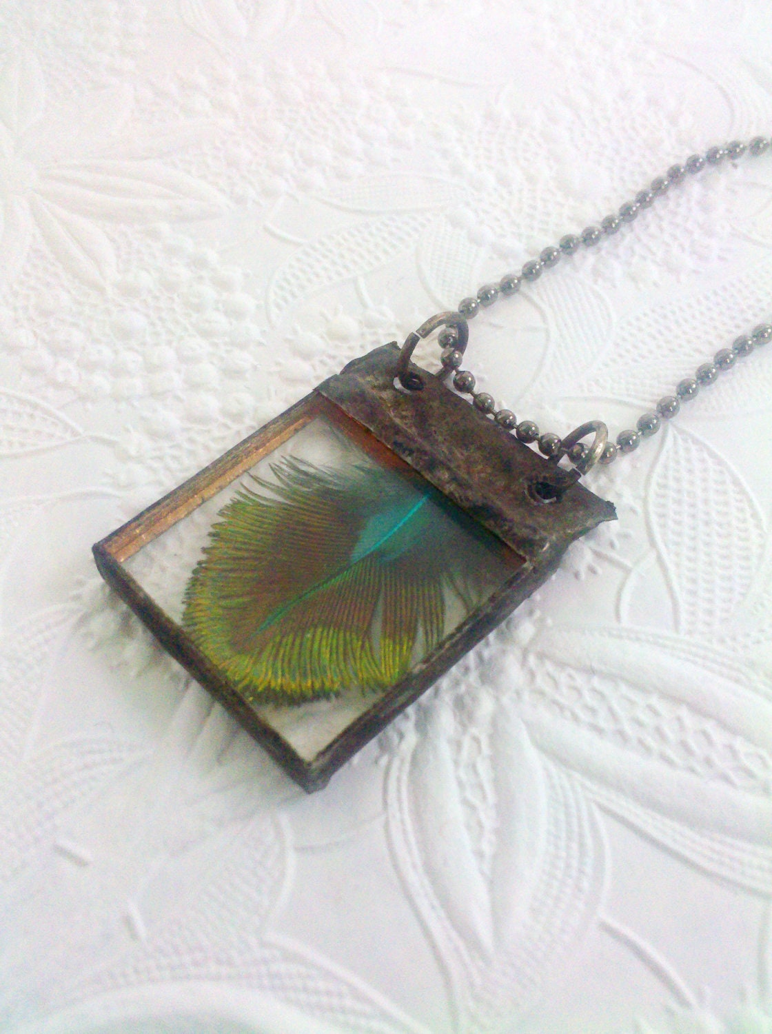 Peacock Feather Necklace, Soldered Glass Feather Necklace, Hipster Blue and Gold Feather Pendant, Gift For Women, Blue Feather Jewelry