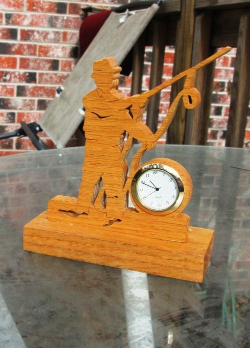 Clock,Handmade Oak  Wood Desk Clock  Fly Fisherman Solid Wood, Home  or Office Decor, Handmade in the Fretwook Style