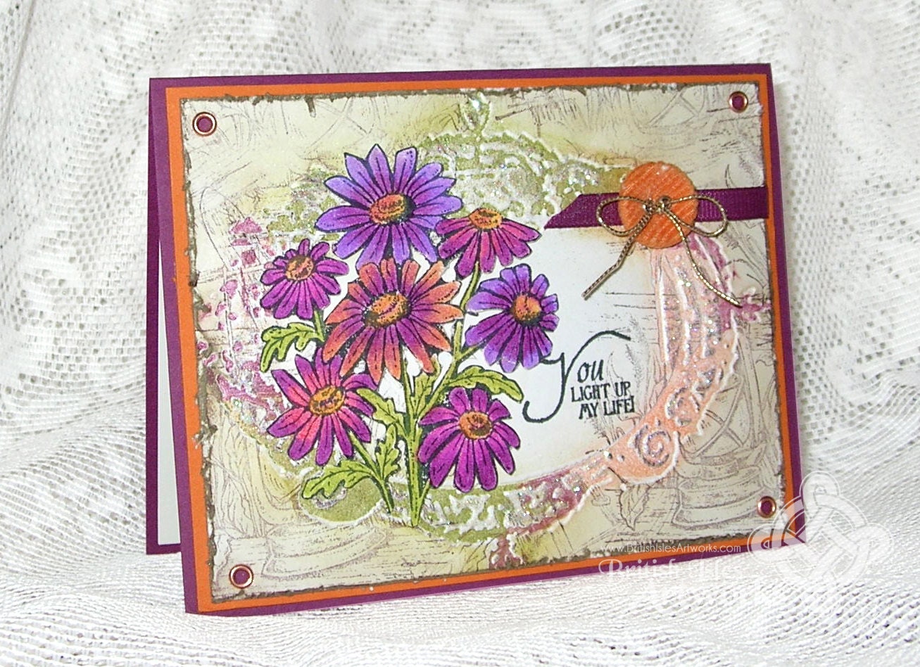 Vintage Bouquet greeting card, You Light up my Life, Shabby Chic style with purple and orange flowers, green leaves and distressing
