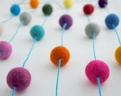 Multicolor Wool Ball Garland on Bright Blue Cotton Thread