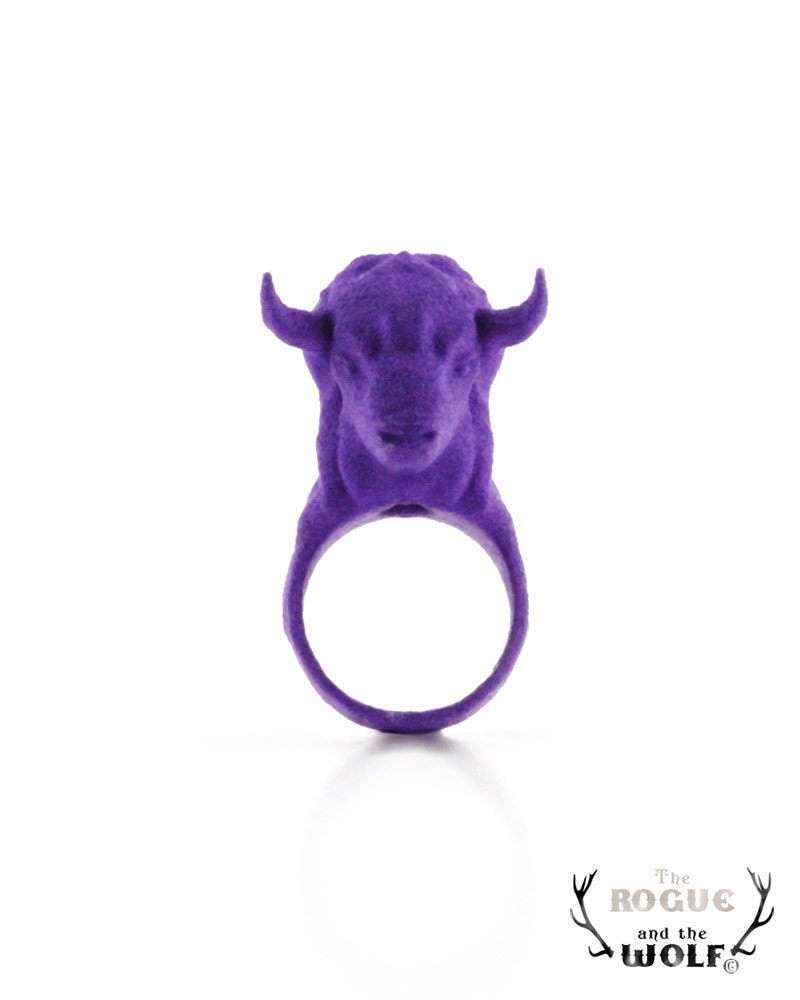 Purple Bison Head Ring, Buffalo ring, Wild Animal Ring, Modern Jewelry, Bison with antlers, gift for the cool boyfriend, Dudes Accessories