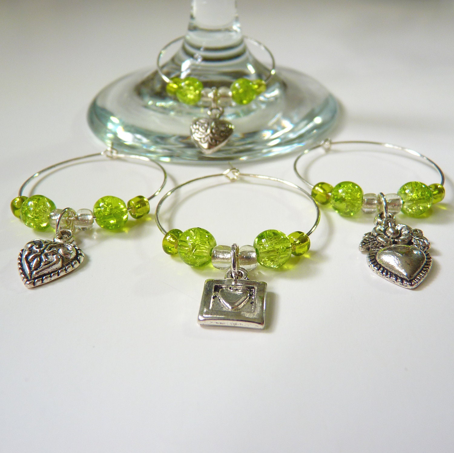 Wine Glass Charms Silver Hearts and Lime Green Beads