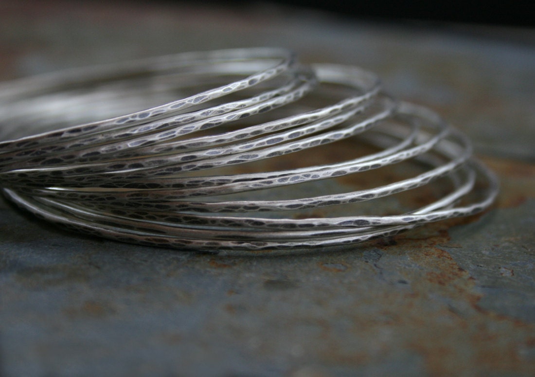 Sterling Silver Bangles, Slender Stackable Bangles, Matte Finish, Hammered Oxidized, Stacking Bracelet, Set of Twelve, Stack