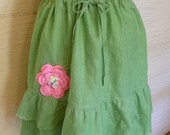 Green Skirt Linen Skirt Handmade Upcycled Skirt Ruffle Skirt Hand Crocheted Pink Flower Applique Handmade YoYo Unique Clothing