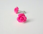 Hot Pink Stud Earrings Opaque Rose Flowers- Your Choice of Hypoallergenic Posts