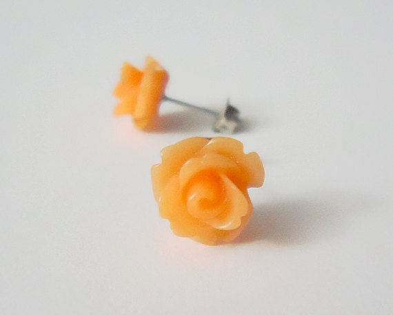 Stud Earrings Tangerine Orange Opaque Rose Flowers - Your Choice of Hypoallergenic Posts