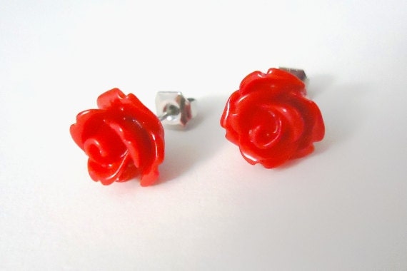 Cherry Red Stud Earrings Opaque Rose Flowers - Your Choice of Hypoallergenic Posts