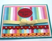 Striped Birthday Card, Happy Birthday to You, Red Blue Pink, Metal Brads and Ribbon, Perfect for Anyone's Birthday