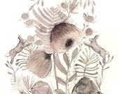 watercolor painting- Botanical print - Rabbits and Fox Playing -woodland print, neutrals, cream, taupe, rose -Large print