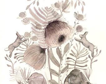 watercolor painting- Botanical print - Rabbits and Fox Playing -woodland print, neutrals, cream, taupe, rose -Large print