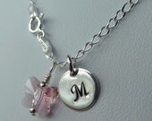 Monogram Sterling Silver Baby Children Initial  Pink Butterfly Pendant Necklace, Flower Girl  Initial Necklace, Butterfly Necklace
