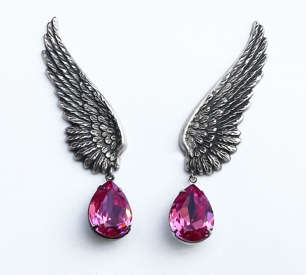 PINK Drop Wing Earrings Swarovski Crystal Clip On by Aranwen