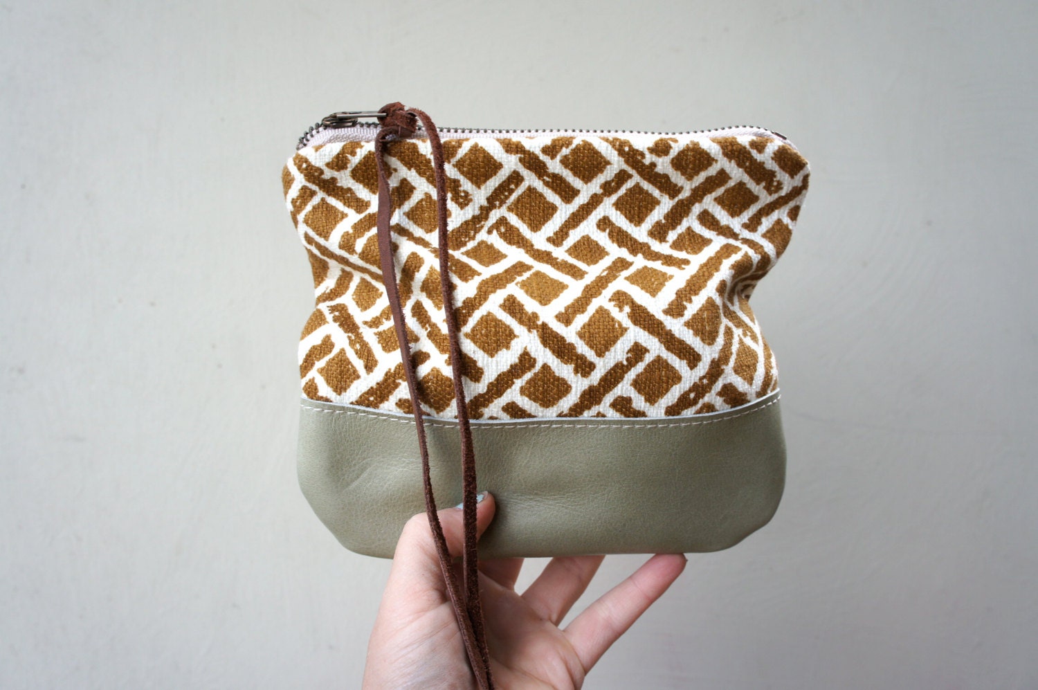Vintage Basket Weave Fabric and Leather Pouch