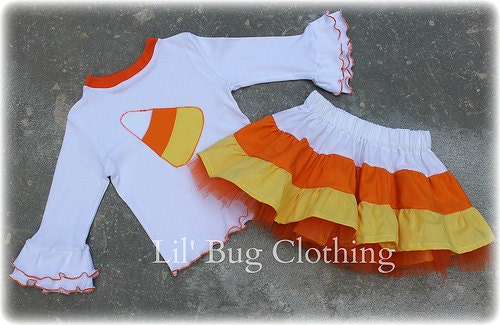 Candy Corn Tiered Tulle Skirt and Tee Yellow and Orange Polka Dot Halloween Outfit