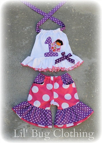 Dora the Explorer Birthday Pocket Short  and Halter Top Birthday Girl Hot PInk and Purple Dots