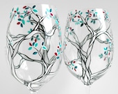Klimt Trees with Custom Colored Leaves - Set of 2 Hand Painted Wine Glasses - Black and White Trees
