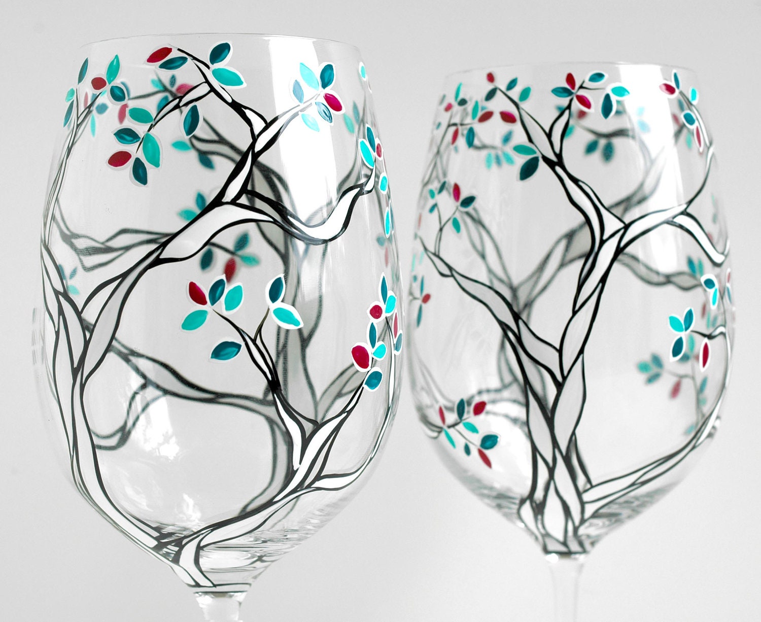Klimt Trees with Custom Colored Leaves - Set of 2 Hand Painted Wine Glasses - Black and White Trees