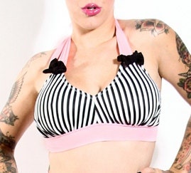 Jail House Rock Retro Stripes Top With Pink Ties and Bows Sizes S, M, L, XL