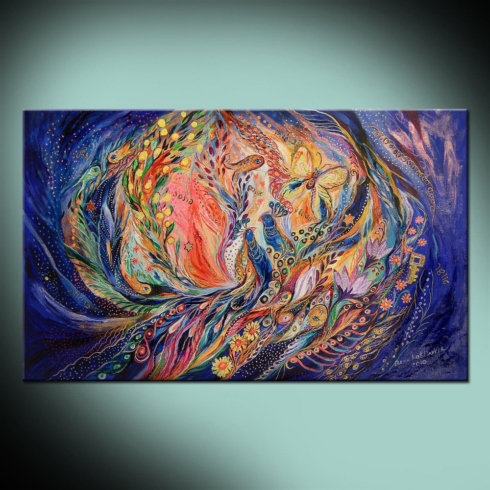 The secret of Blue Birds: canvas print based on Jewish art painting with kabbalah symbols from Israeli artist. Best gift from Jerusalem