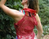 Colorful Striped Vest with Red Floral Crochet Back Collar, Button and Tassels